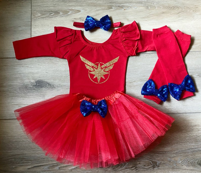 Captain Marvel Inspired Red Leotard baby girl leotard Flutter short long sleeve superhero hero spider woman avengers Halloween costume image 3