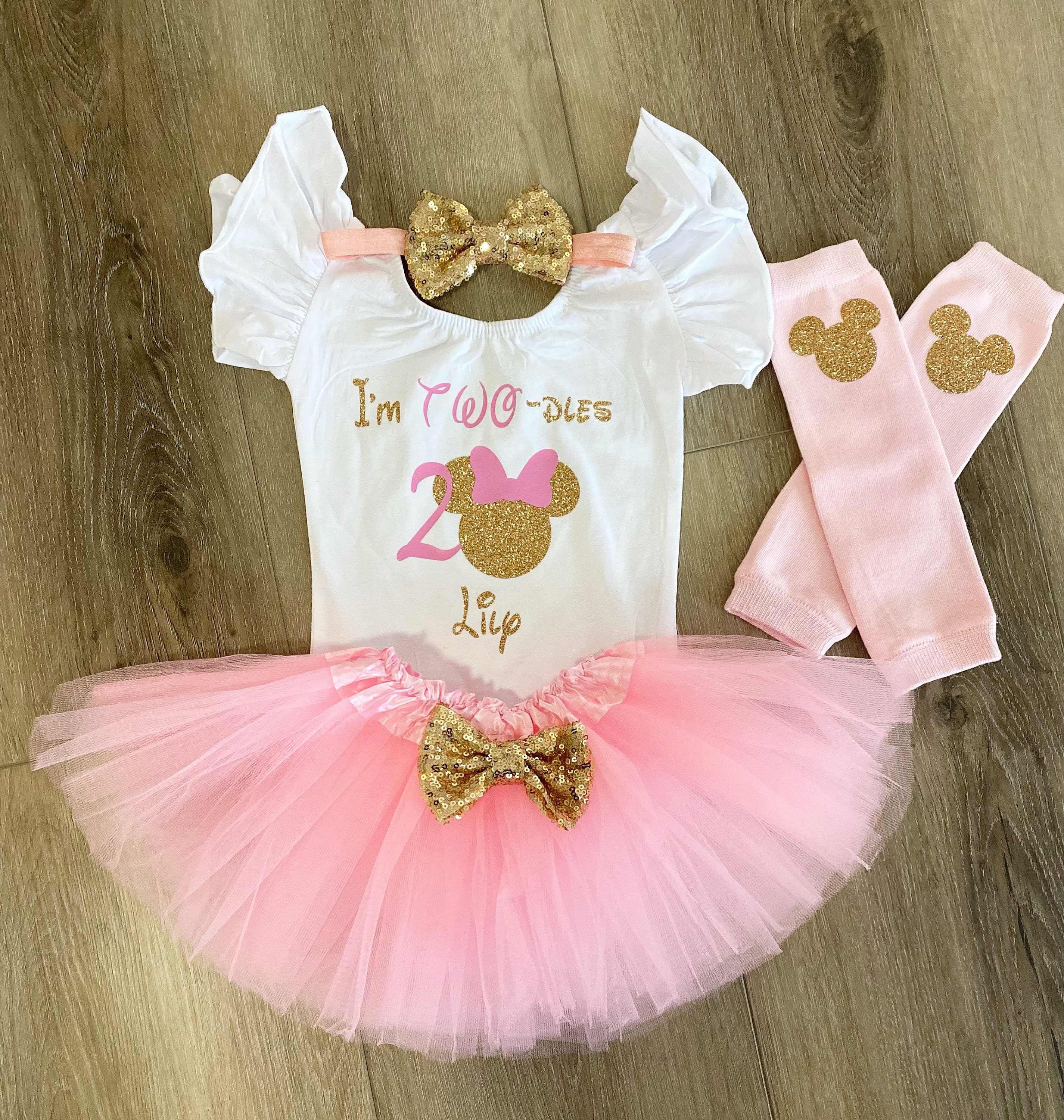 Rosa y oro 2o cumpleaños personalizado Minnie Mouse traje aleteo manga  leotardo niño body soy Twodles cumpleaños oro rosa segundo