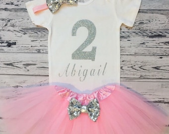 Light Pink and Silver 2nd Birthday Shirt & Tutu Personalized Girls 2nd Birthday Outfit Pink and Silver 2nd Birthday Second Birthday Outfit