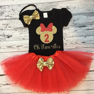 Red Gold and Black Oh Twodles Minnie Mouse 2nd Birthday Outfit, Toodles Birthday Shirt, Red Tutu, Minnie Mouse 2nd Birthday Outfit, Prop