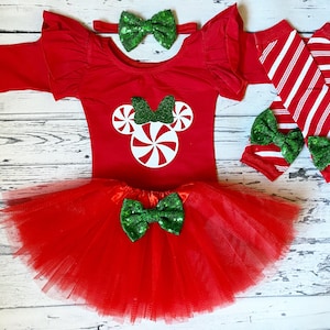 Baby Girl Disney Peppermint Minnie Mouse Red Leotard Baby and Toddler Girl Disney Christmas Outfit Christmas Minnie Bodysuit Minnie Leotard