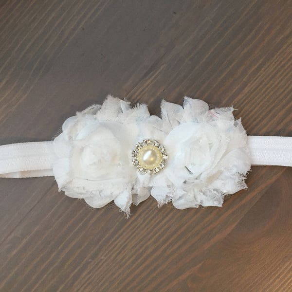 White Baby Girl Headband, White Pearl Headband, White Shabby Chic Headband, White Baptism Headband, White Shabby Baby Headband, Photo Prop