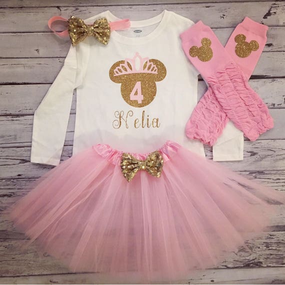 Pink and Gold 4th Birthday Princess Shirt, Minnie Mouse 4th Birthday Shirt  Tutu, Fourth Birthday Shirt, Minnie Mouse Princess Party