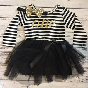 First Birthday Girls Outfit, 1st Birthday Dress, First Birthday outfit, Black and gold One Long Sleeve Dress, Long Sleeve outfit, headband