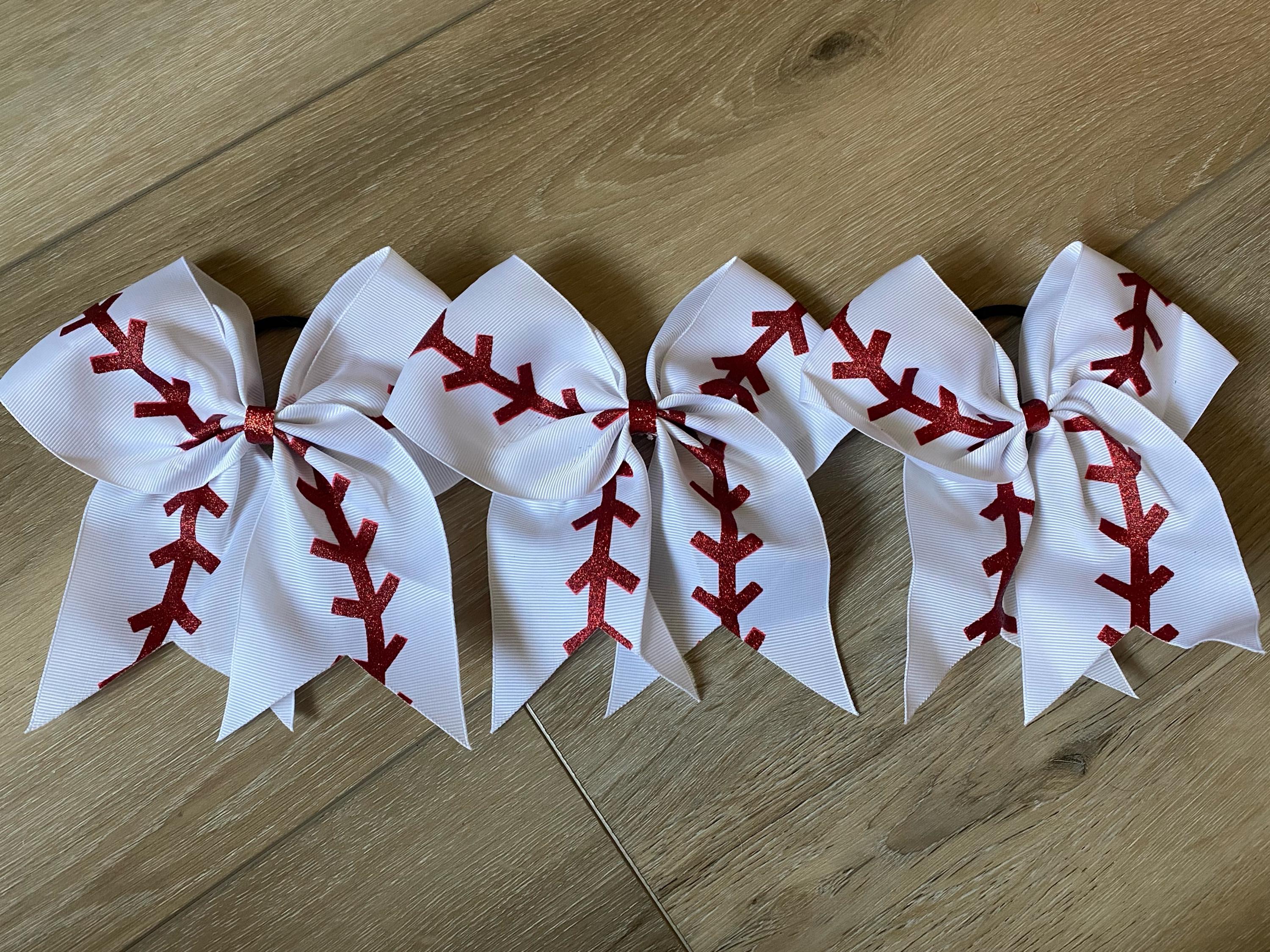 Girls baseball hair bow baseball cheer white and red hair bow on ponytail sports bow team bow team hair bow personalized sports bow gift