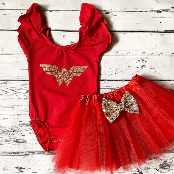 WONDERWOMAN inspired Leotard baby girl leotard Flutter long sleeve superhero hero gold glitter red tutu gymnastics leotard Halloween