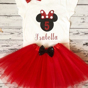 Personalized Girls 5th Birthday Outfit Red and Black Minnie Mouse Outfit Fifth Birthday Minnie Mouse Shirt 5th Birthday Disney Shirt Tutu image 4