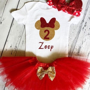 Gold & Red Personalized Minnie Mouse 2nd Birthday Outfit Minnie Mouse 2nd birthday shirt Red and gold minnie tutu Second Birthday Party