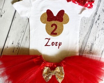 Oro &Rojo Personalizado Minnie Mouse 2nd Birthday Outfit Minnie Mouse 2nd birthday shirt Red and gold minnie tutu Second Birthday Party