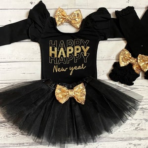 Baby Girl 1st New Year Black Leotard Outfit New Years Eve Girls Gold and Black Outfit Gold Tutu Black Tutu Girls New Years Outfit Bodysuit