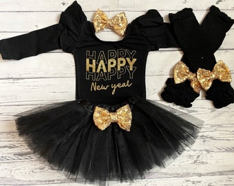 Baby Girl 1st New Year Black Leotard Outfit New Years Eve Girls Gold and Black Outfit Gold Tutu Black Tutu Girls New Years Outfit Bodysuit