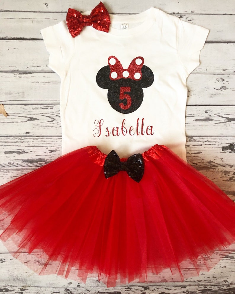 Personalized Girls 5th Birthday Outfit Red and Black Minnie Mouse Outfit Fifth Birthday Minnie Mouse Shirt 5th Birthday Disney Shirt Tutu image 5