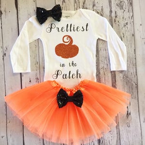Baby Girl Prettiest Pumpkin in thr Patch Halloween Outfit Girls Halloween Shirt Toddler Halloween Outfit Prettiest Pumpkin Halloween Tutu