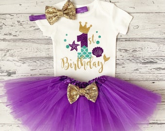 Baby Girl 1st Birthday Little Mermaid Outfit Little Mermaid Shirt First Birthday Under The Sea Outfit Purple Tutu Mermaid Cake Smash Outfit