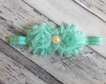 Mint Baby Girl Headband, mint Pearl Headband, Mint Shabby Chic Headband, Mint Baptism Headband, Mint Shabby Baby Headband, Photo Prop