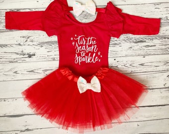 Baby Girl Tis The Season To Sparkle Leotard Baby and Toddler Girl Christmas Outfit Christmas Bodysuit 1st Christmas Outfit Red Tutu Prop