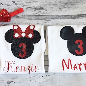 Black and Red Personalized Minnie Mouse and Mickey Mouse 3rd Birthday Shirts, Twins Birthday Shirts Disney Brother and Sister Shirts Party