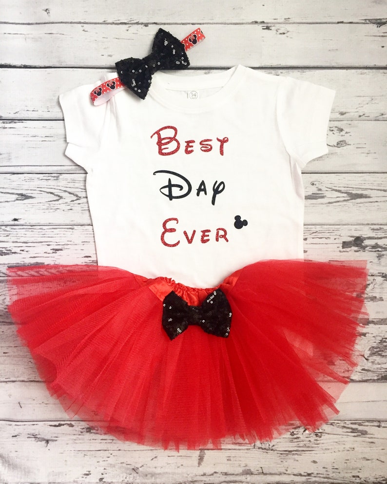 Best Day Ever Disney Day Disney Trip Disney Outfit Red Tutu Minnie Shirt Disneyland Disneyworld My First Disney Trip Outfit Red and Black