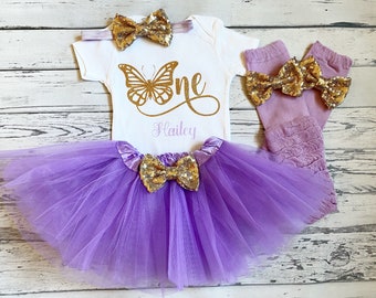 Personalized Butterfly 1st Birthday Outfit 1st Birthday Bodysuit Lavender 1st Birthday Bodysuit gold and purple Butterfly Birthday Tutu