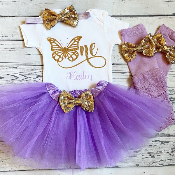 Personalized Butterfly 1st Birthday Outfit 1st Birthday Bodysuit Lavender 1st Birthday Bodysuit gold and purple Butterfly Birthday Tutu