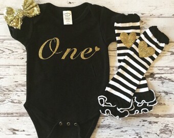 1st Birthday Black and Gold bodysuit,Cake Smash Outfit, Baby Girl Legwarmers, One bodysuit, First Birthday Shirt, 1st Birthday gold bodysuit