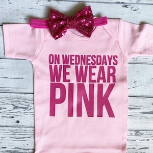 On Wednesdays We Wear Pink bodysuit and Headband, Pink bodysuit, Baby bodysuit, Newborn, Pink Shirt, Mean Girls, Pink Sequin Headband