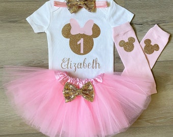 Pink and Gold Personalized Minnie Mouse 1st birthday bodysuit, Minnie Mouse 1st birthday shirt, pink and gold minnie, pink tutu