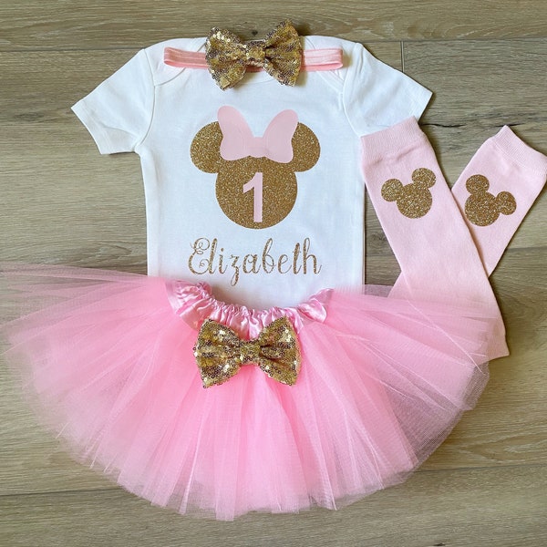 Pink and Gold Personalized Minnie Mouse 1st birthday bodysuit, Minnie Mouse 1st birthday shirt, pink and gold minnie, pink tutu