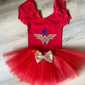 WONDERWOMAN inspired Leotard baby girl leotard Flutter long sleeve superhero birthday hero gold glitter red tutu gymnastics leotard