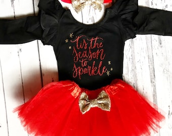 Baby Girl Tis The Season To Sparkle Leotard Baby and Toddler Girl Christmas Outfit Christmas Bodysuit 1st Christmas Outfit Red Tutu Prop