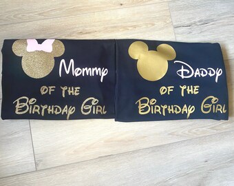 Pink and Gold Mommy and Daddy of the Birthday Girl Shirts, Mickey and Minnie Dad and Mom Shirts Disney Trip 2026 Girl Birthday Gold Pink