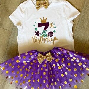 Girls 7th Birthday Mermaid Outfit Little Mermaid Shirt 7th Mermaid Birthday Under The Sea Outfit Purple and Gold Tutu Mermaid Hair Seven