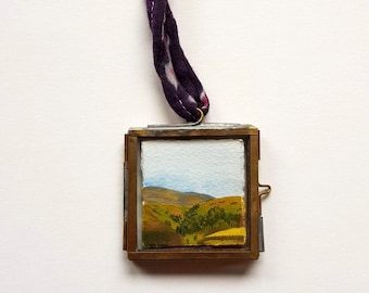 Miniature framed landscape painting, Yorkshire Valley, tiny wall hanging, original art, England, handmade gift