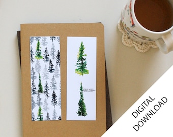 Fir trees printable bookmarks, Set of 2 Illustrated Instant Download Bookmarks