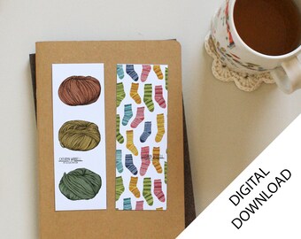 Yarn and Fair Isle socks printable bookmarks, Set of 2 Illustrated Instant Download Bookmarks