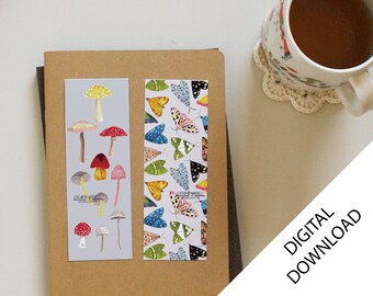 Mushrooms and moths printable bookmarks, Set of 2 Illustrated Instant Download Bookmarks