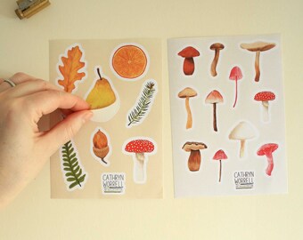 Sticker set - Mushrooms, Woodland Botanicals, leaves, autumn, acorn, scrapbooking supplies, stationery, art journaling