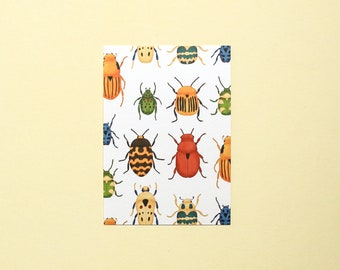 Käfermuster Illustrierte Postkarte | Einzelne Postkarte | Mini-Kunstdruck | Schneckenpost | Naturkunst | Insektenpostkarte | Bunte Käfer
