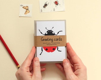 Little greeting card set, garden bugs, ladybird, ladybug, shieldbug, gift enclosure, snail, beetle, moth, gift for gardener, mini card set