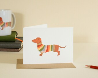 Cute dog greeting card, Dachshund in a sweater illustration, gift for dog lover, card for knitter, Christmas card