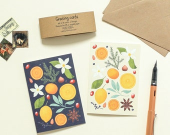 8x Oranges and Lemons Notelets | Navy Blue and Cream, Greeting Card pack, Herbs and Spices, Blank Cards, Citrus Fruit