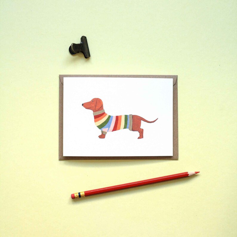 Niedliche Dackel Grußkarte Dackel in einer Strickjacke Illustration, Geschenk für Hundeliebhaber, Karte für Strickerin, Bild 2