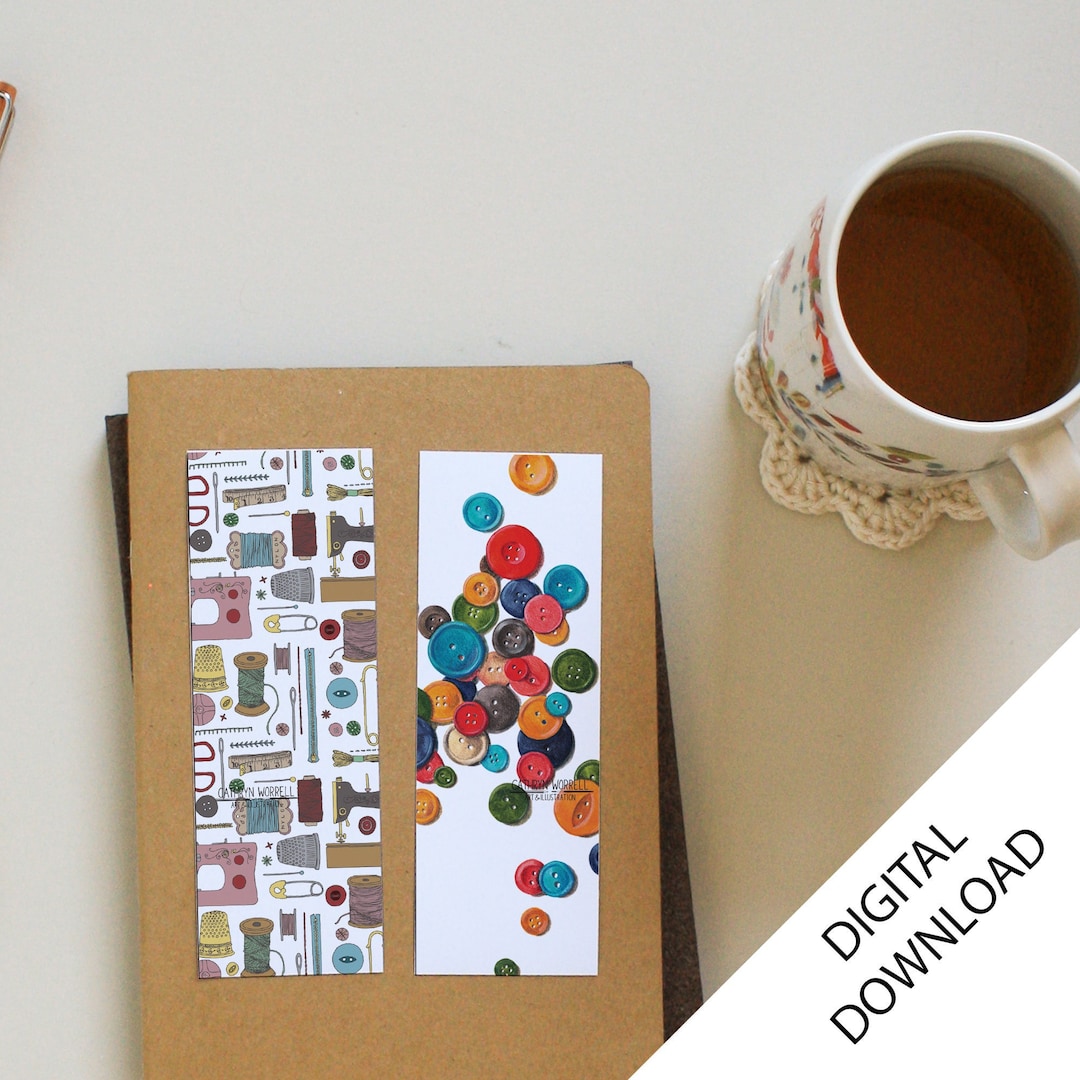 Sewing Notions and Buttons Printable Bookmarks, Set of 2 Illustrated Instant Download Bookmarks