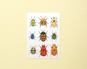 Käfer Illustrierte Postkarte | Einzelne Postkarte | Mini-Kunstdruck | Schneckenpost | Naturkunst | Insektenpostkarte | Bunte Käfer