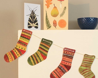 Hand Cut Paper Sock Garland, Christmas Stocking Decoration, Fair Isle, Sock Bunting