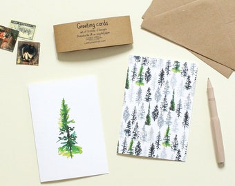 8x Fir tree notelets | Fir tree greeting card pack, forest themed cards, Gift for nature lover, blank notecards, green and white