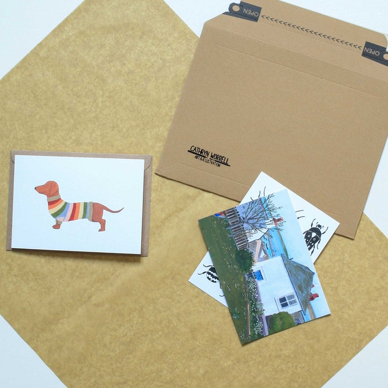 Niedliche Dackel Grußkarte Dackel in einer Strickjacke Illustration, Geschenk für Hundeliebhaber, Karte für Strickerin, Bild 4