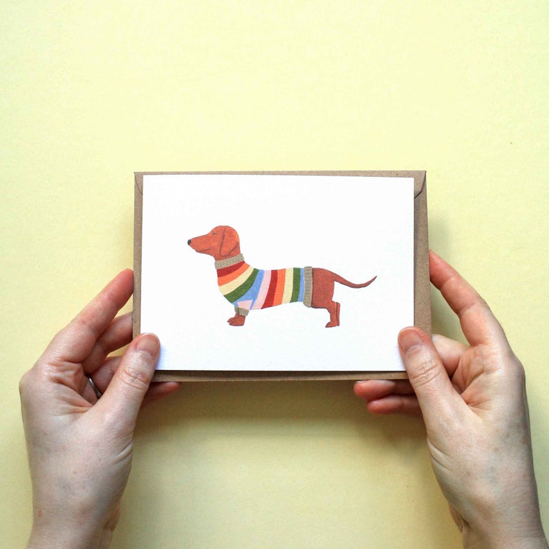 Niedliche Dackel Grußkarte Dackel in einer Strickjacke Illustration, Geschenk für Hundeliebhaber, Karte für Strickerin, Bild 5