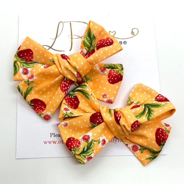 Hand-tied Strawberry Fabric Hair bows, piggie tails, gift set