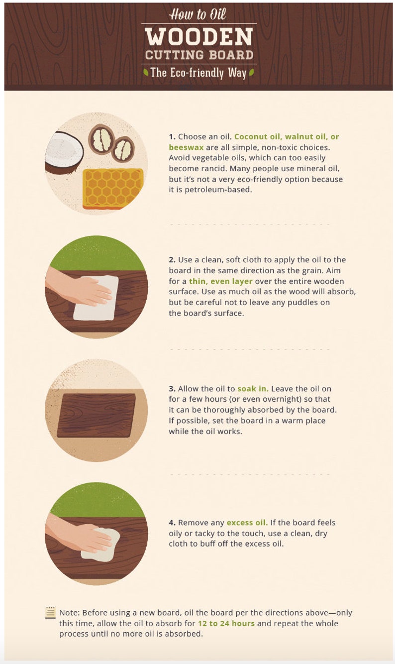 Puede incluir: Gu&iacute;a ilustrada sobre c&oacute;mo aceitar una tabla de cortar de madera. La gu&iacute;a recomienda usar aceite de coco, aceite de nuez o cera de abejas. Tambi&eacute;n muestra c&oacute;mo aplicar el aceite con un pa&ntilde;o y dejarlo penetrar durante unas horas o durante la noche. La gu&iacute;a tambi&eacute;n menciona la eliminaci&oacute;n del exceso de aceite con un pa&ntilde;o limpio y seco.